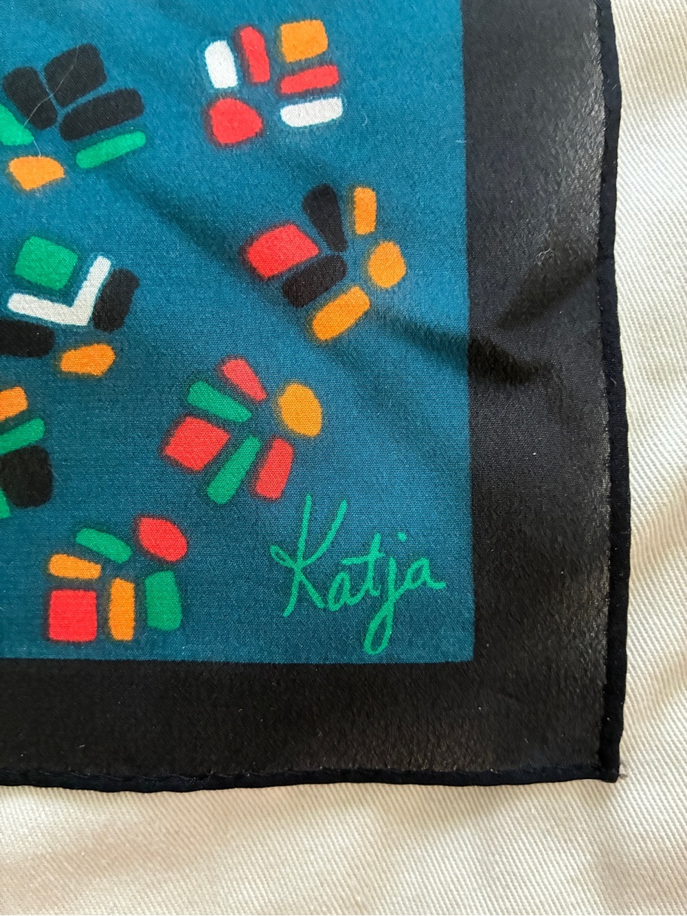Vintage Katja Sheer Multicolor Abstract Print Scarf Black Teal 5.5” x 34.5” - Picture 6 of 6